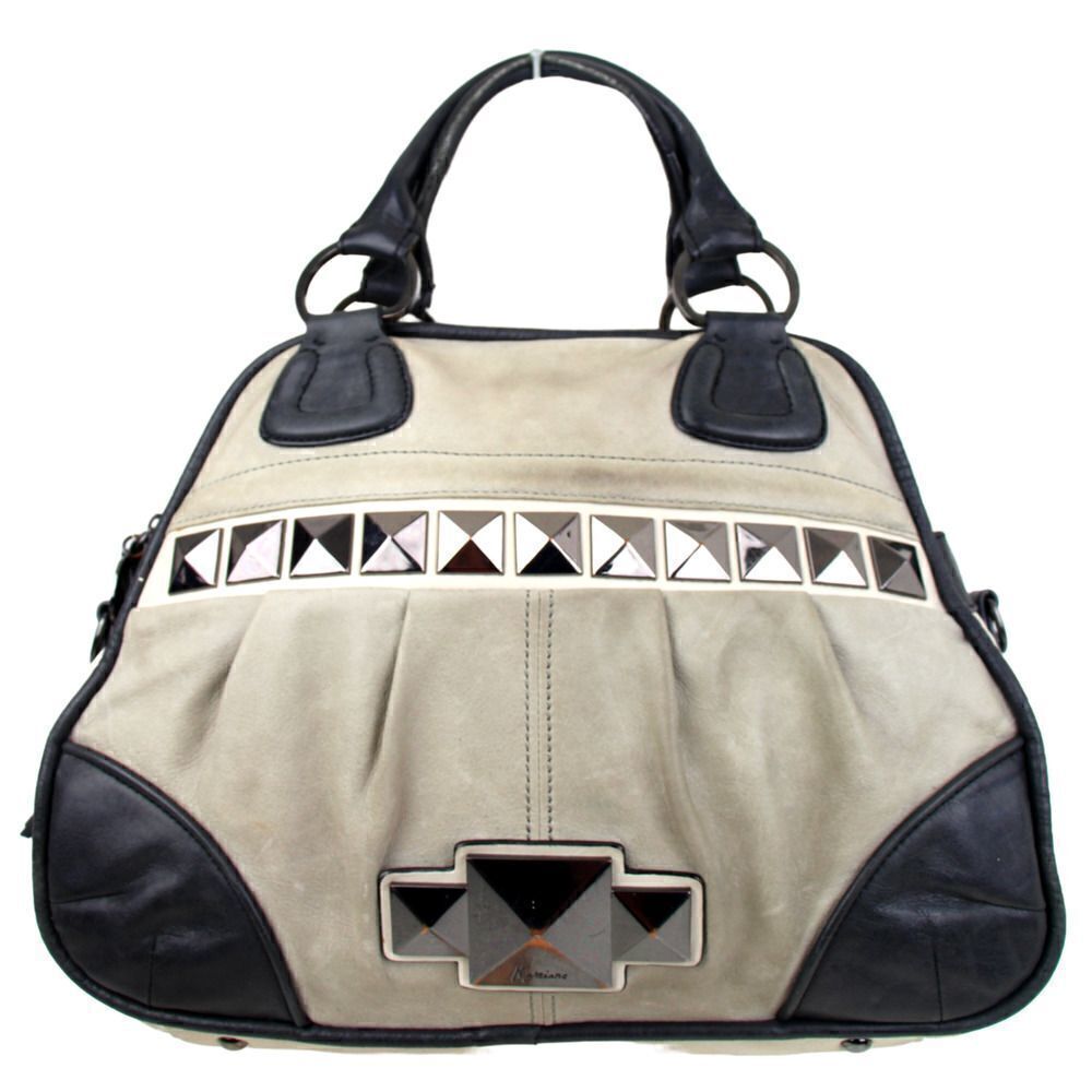 LARGE MARCIANO GRAY BLACK GENUINE LEATHER TOP HANDLE SATCHEL HANDBAG TOTE PURSE
